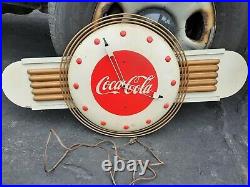 VTG 1940s Art Deco Coca-Cola Promo Clock Sign Metal, Wood, Masonite HUGE 18X36