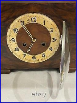 VTG Art Deco Wooden German Chime Mantel Clock withKey