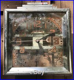 Very Rare Antique American Clock Reverse Painted Glass Art Deco Wood Chrome Sign