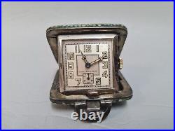 Vintage 1930s Art Deco Sterling Silver Shagreen Clamshell Purse Travelling Clock