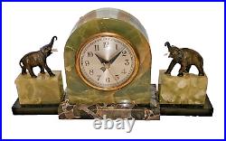 Vintage 1930s Green Onyx and Petoro Marble Clock and Garnishers