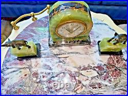 Vintage 1930s Green Onyx and Petoro Marble Clock and Garnishers