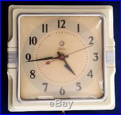 Vintage 1940's Telechron Electric Wall Clock Cafe 2H11 Ivory/Chrome Art Deco