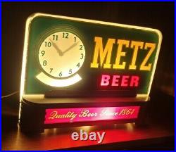 Vintage 1940s METZ BEER Reverse On Glass LIGHTED MOTION CLOCK SIGN Art Deco Rare