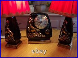 Vintage 1950's Howell Art Deco Vanity Set Lamps Clock