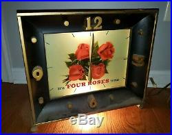 Vintage 50s Four Roses Whiskey Lighted Sign Clock Art Deco Vintage Gold Feet