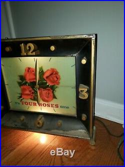 Vintage 50s Four Roses Whiskey Lighted Sign Clock Art Deco Vintage Gold Feet