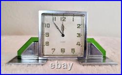 Vintage ART DECO 8 Day 6 Rubis Wind Up Shelf or Mantle Clock Chrome Green Glass