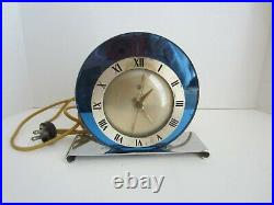 Vintage ART DECO Blue Glass and Chrome Electric Clock by Warren Telechron