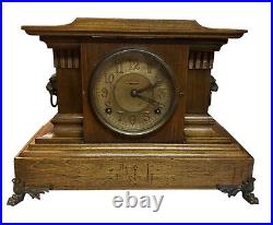 Vintage Antique Wooden Mantel Clock with Ornate Lions Metal Feet Art Deco Design