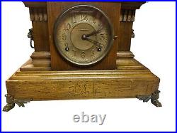 Vintage Antique Wooden Mantel Clock with Ornate Lions Metal Feet Art Deco Design