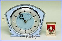 Vintage Art Deco Blue Bakelite Chrome 1947-50 Metamec Mains Electric Alarm Clock