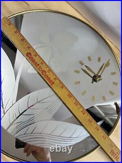 Vintage Art Deco Brass Round Floral Etched Mirror Wall Clock 15-1/2 Diameter