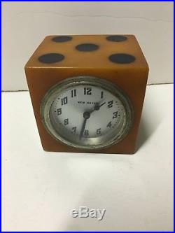 Vintage Art Deco Butterscotch Bakelite Catalin DICE Clock Rare Scarce New Haven