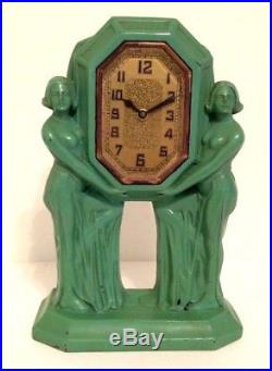 Vintage Art Deco Frankart Style Clock Nude Twins Holding Clock c. 1920's Exc+