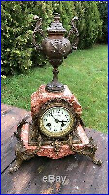 Vintage Art Deco French Philippe Mantle Clock With Spelter Bronze Decoration