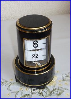 Vintage Art Deco German Black Enamel & Brass Tone Flip Ticket Plato Clock