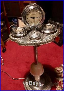 Vintage Art Deco Lamp Lighted Chrome Smoke Stand With Clock-Cigars/Cigarettes