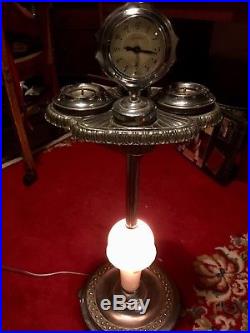 Vintage Art Deco Lamp Lighted Chrome Smoke Stand With Clock-Cigars/Cigarettes