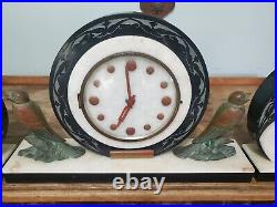 Vintage Art Deco Marble & Black Onyx Mantle Clock WithSide Garniture Pieces 1938