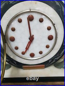 Vintage Art Deco Marble & Black Onyx Mantle Clock WithSide Garniture Pieces 1938