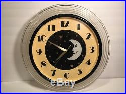 Vintage Art Deco Moon And Stars Plastic Wall Clock 16.75 x 16.75