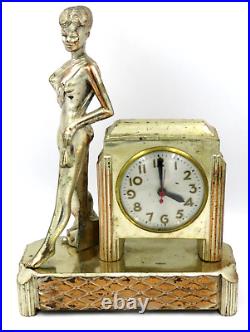 Vintage Art Deco Nude Lady Sessions Clock Brass Gold Tone 13