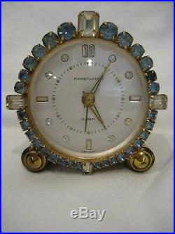 Vintage Art Deco Phinney- Walker 1940's Blue & Clear Rhinestone Vanity Clock