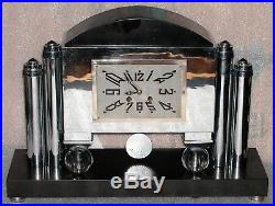 Vintage Art Deco Portico Mantle Clock T&S Glass Balls Chrome Columns Slate Arch