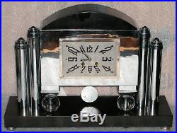 Vintage Art Deco Portico Mantle Clock T&S Glass Chrome Slate Arch Bonvoisin 19