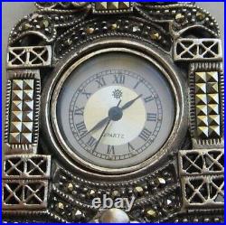 Vintage Art Deco Style Sterling Silver Marcasite Miniature Mantel Clock