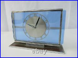 Vintage Art Deco blue glass & chrome mantle clock for restoration