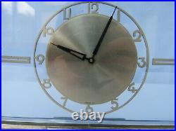Vintage Art Deco blue glass & chrome mantle clock for restoration