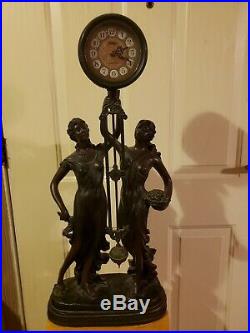 Vintage Crosa Art Deco Bronze/black Nude Women With Pendulum Clock Mint
