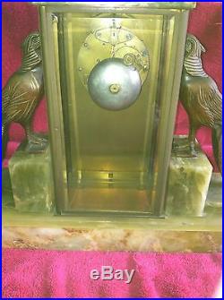 Vintage French Art Deco Bronze And Marble / Onyx Mantle Clock By Irenee Rochard