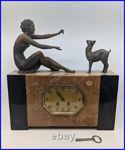 Vintage French Art Deco Marble Woman with Stag Wind Up Mantel Clock