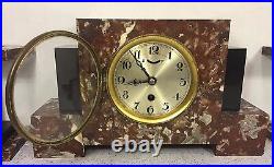 Vintage German Art Deco Clock Set Time Only Runs Marble Case & Garnitures