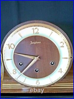 Vintage Junghans Mahogany Art Deco Mantel Clock, Works & Beautiful Chime, Key