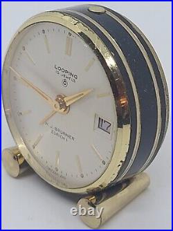 Vintage LOOPING 15J Mid Century Mini Brass 8 Day Swiss'Time & Date' Alarm Clock