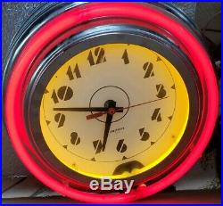 Vintage Lumichron Red Yellow Neon Electric Wall Clock 12 Art Deco MCM