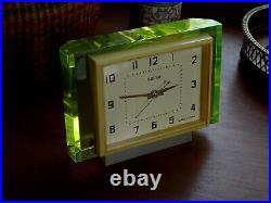 Vintage Molnija Manual Wind Russian Art Deco MCM Desk Clock Green Lucite Case