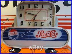 Vintage Nice Pepsi Cola Lighted Clock 1950's Glass Rare Art Deco