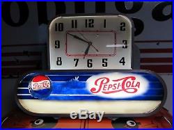 Vintage Nice Pepsi Cola Lighted Clock 1950's Glass Rare Art Deco