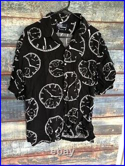 Vintage POLO Ralph Lauren Black Clock Print Rayon Short Sleeve Camp Shirt L