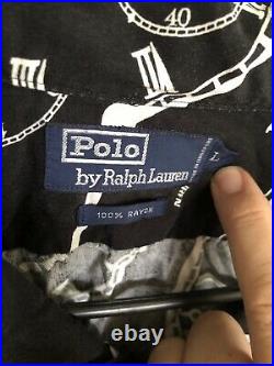 Vintage POLO Ralph Lauren Black Clock Print Rayon Short Sleeve Camp Shirt L