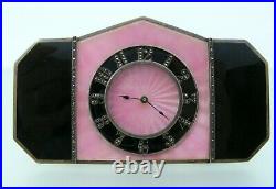 Vintage Pink and Black Sterling Silver & Enamel 8 Day Desk Clock Art. Deco