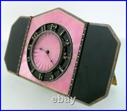 Vintage Pink and Black Sterling Silver & Enamel 8 Day Desk Clock Art. Deco