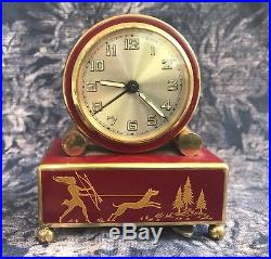 Vintage Swiss Montreaux Alarm Clock Art Deco Music Box Huntress and Hound