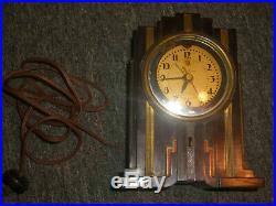 Vintage Telechron SKYSCRAPER Art Deco Brown Bakelite Alarm Clock Complete