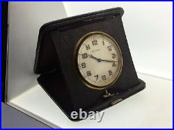 Vintage Travel Clock Wind Up Working Art Deco Maroon Brown Leather Effect 106 mm